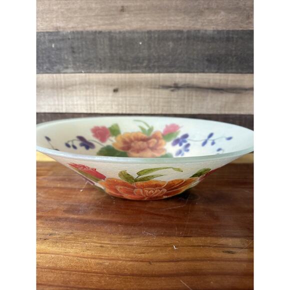 Beautiful Floral Handpainted Glass Bowl 14” Wide - Picture 4 of 10